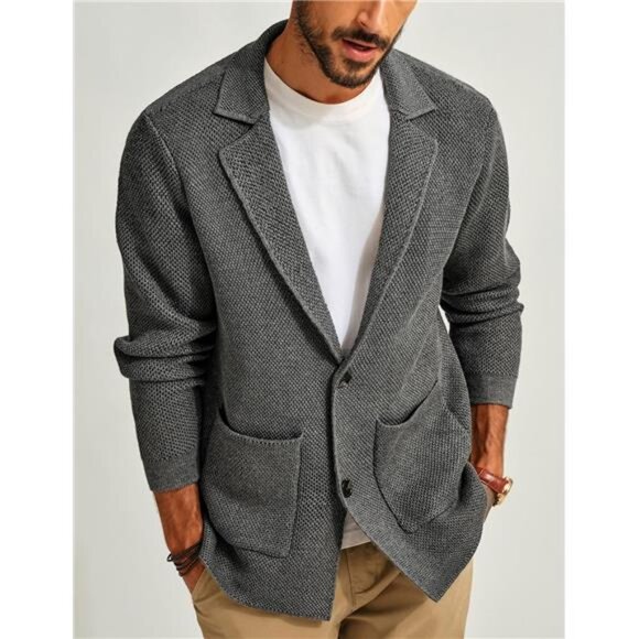 Men's Sweater Shawl Collar Button Down Jacket Grey - Picture 4 of 6